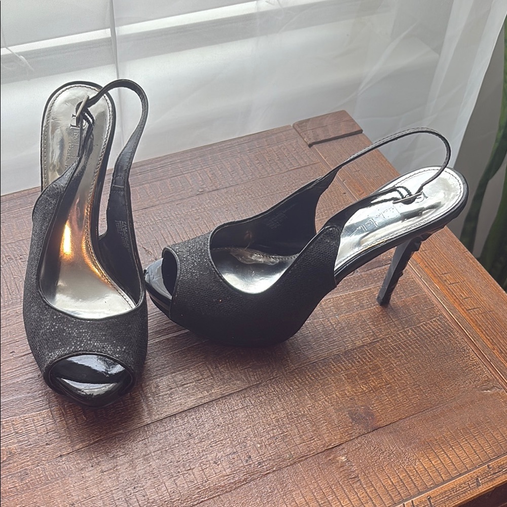 Sparkly Black Peep-Toe Slingback Heels